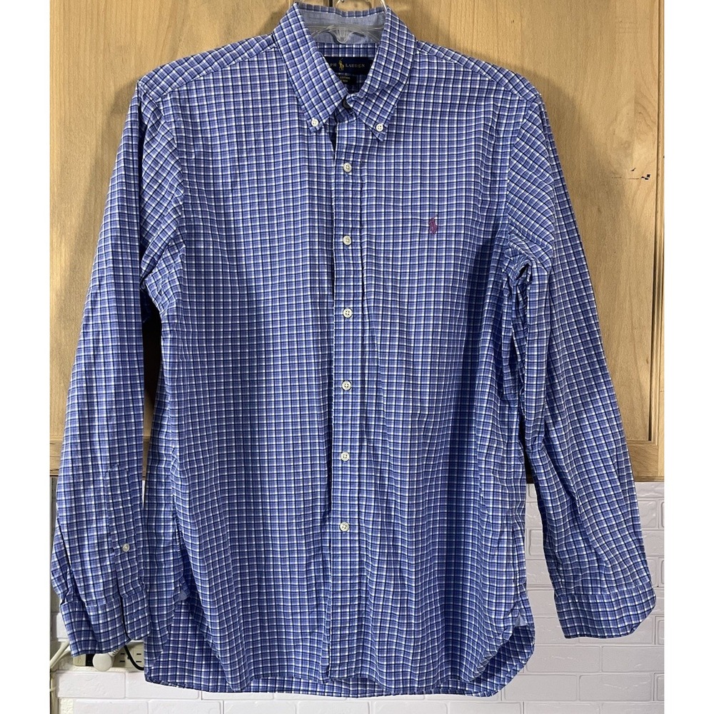 Ralph Lauren Button Down Shirt Mens Large Blue Plaid Cotton Stretch Long Sleeve